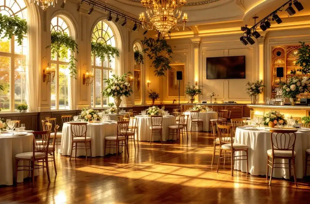 Elegante evenementenhal met ronde tafels, luxe verlichting, bar en audiovisuele apparatuur voor premium verhuur