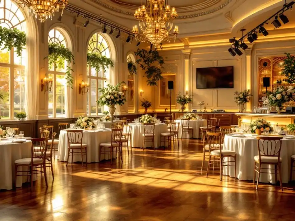 Elegante evenementenhal met ronde tafels, luxe verlichting, bar en audiovisuele apparatuur voor premium verhuur