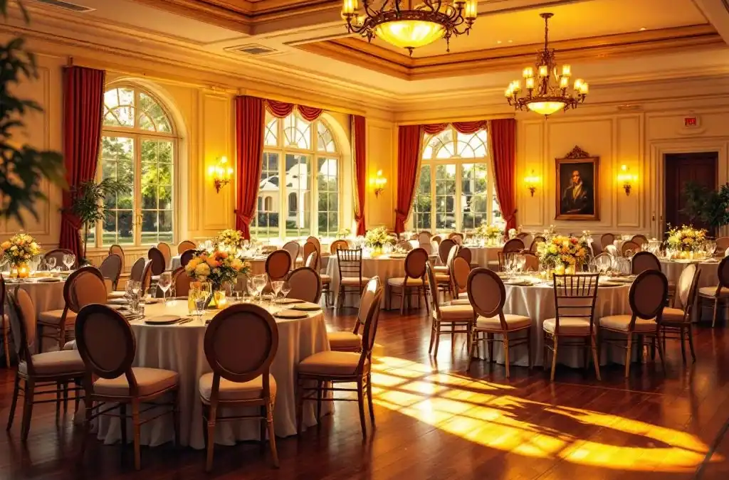 Luxe evenementenruimte met elegante ronde tafels, kristallen kroonluchters en warme verlichting voor zakelijke events
