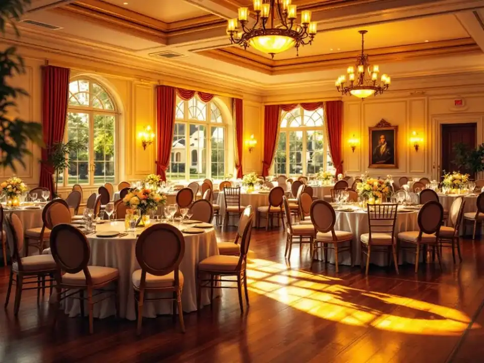 Luxe evenementenruimte met elegante ronde tafels, kristallen kroonluchters en warme verlichting voor zakelijke events