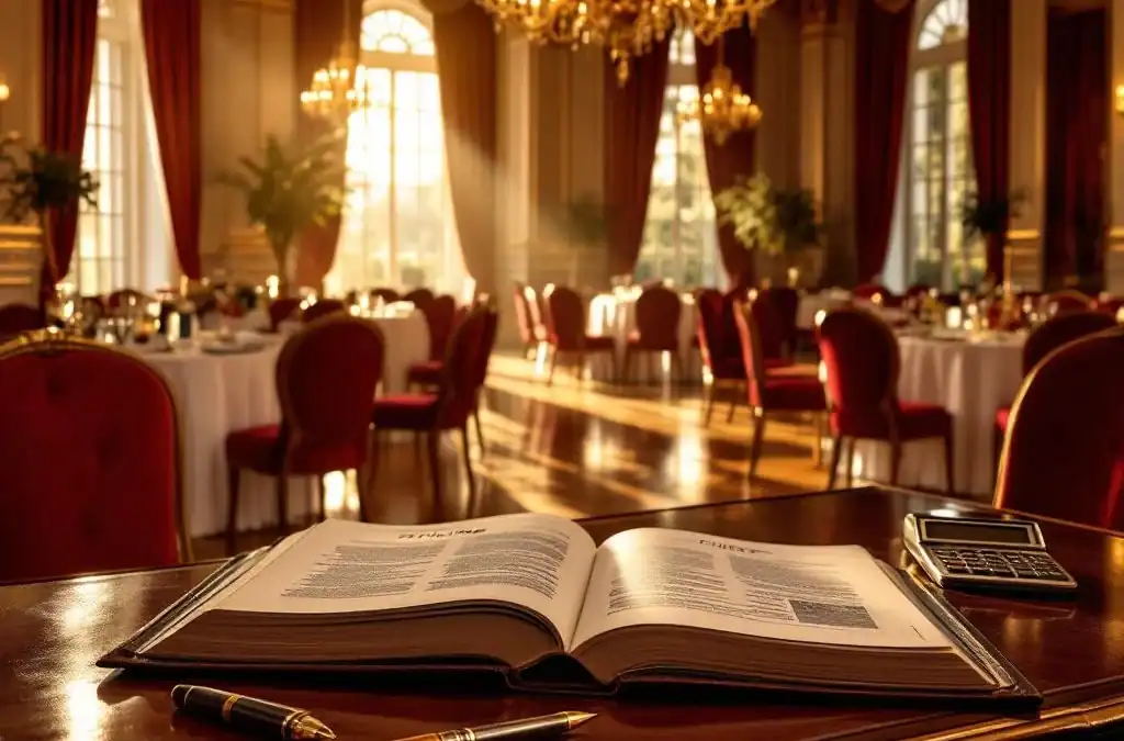 Luxe evenementenhal met kristallen kroonluchters, burgundy stoelen en prijsboek op mahonie bureau