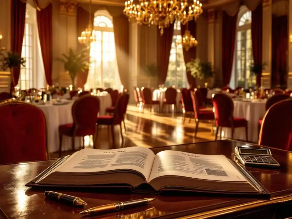 Luxe evenementenhal met kristallen kroonluchters, burgundy stoelen en prijsboek op mahonie bureau