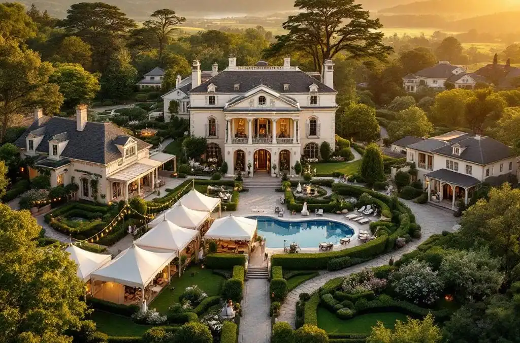 Luchtfoto van luxe historische villa met gouden verlichting, omringd door tuinen en gastenverblijven voor bruiloften