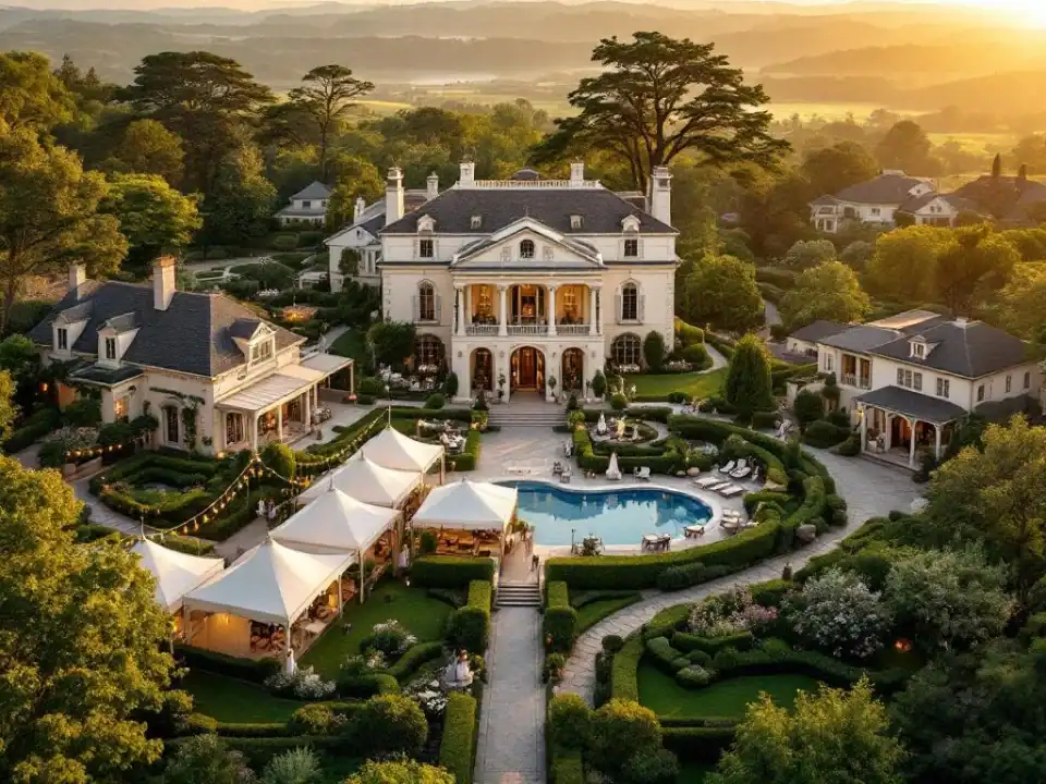 Luchtfoto van luxe historische villa met gouden verlichting, omringd door tuinen en gastenverblijven voor bruiloften