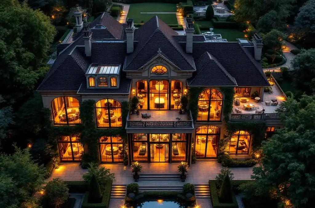 Luchtfoto van luxe historische villa met verlichte evenementenruimtes, ballroom en tuinen voor gastvrijheidsdiensten