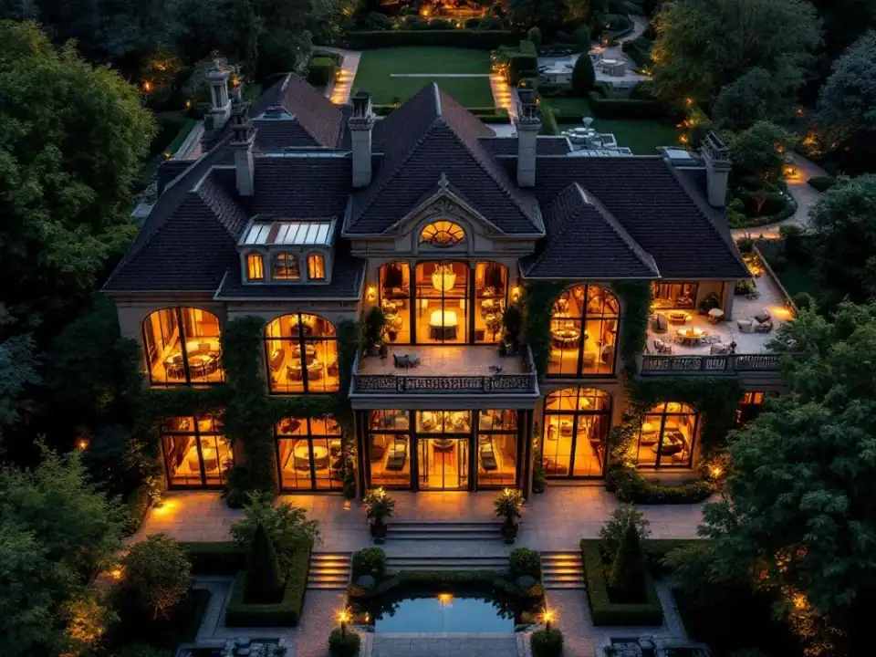 Luchtfoto van luxe historische villa met verlichte evenementenruimtes, ballroom en tuinen voor gastvrijheidsdiensten