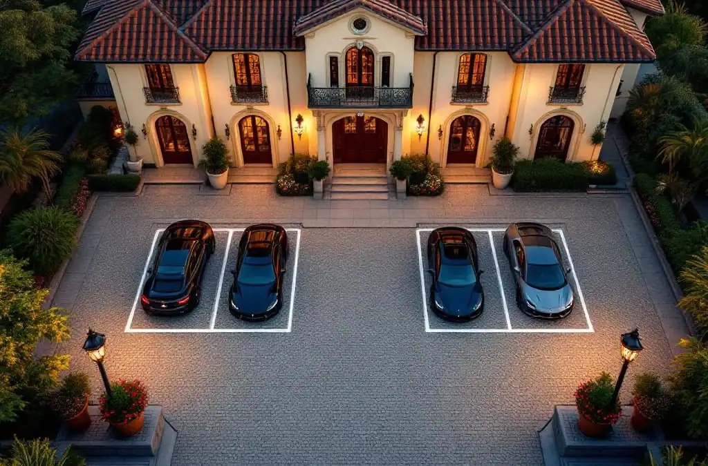 Luchtfoto van historische villa met luxe kasseien parkeerplaats, geparkeerde auto's en aangelegde tuinen