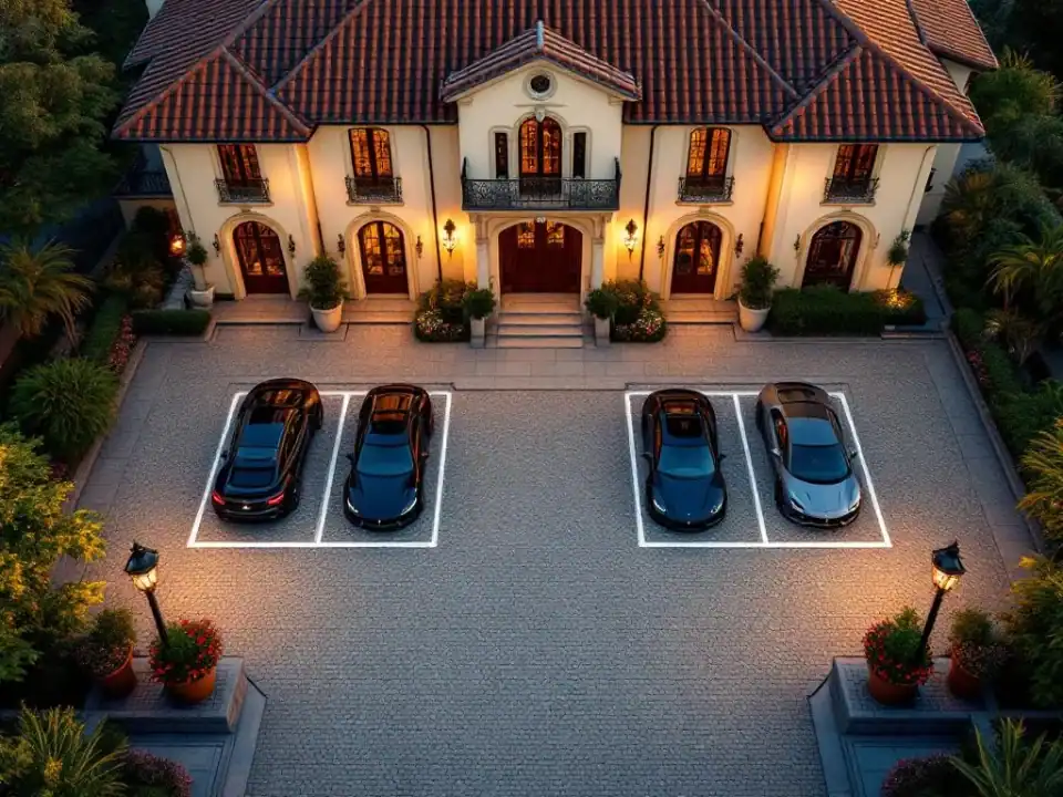 Luchtfoto van historische villa met luxe kasseien parkeerplaats, geparkeerde auto's en aangelegde tuinen
