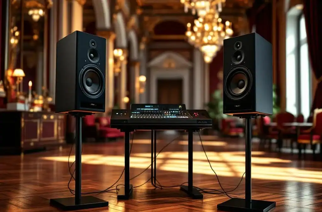 Professionele geluidsapparatuur met zwarte speakers en mengpaneel in elegante evenementenhal met warme verlichting