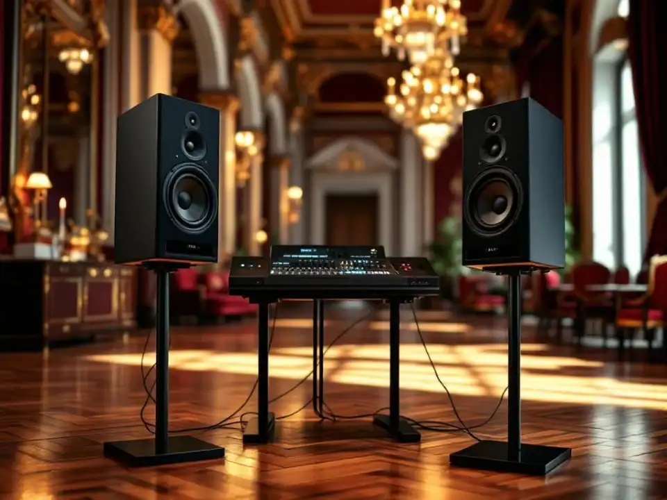 Professionele geluidsapparatuur met zwarte speakers en mengpaneel in elegante evenementenhal met warme verlichting