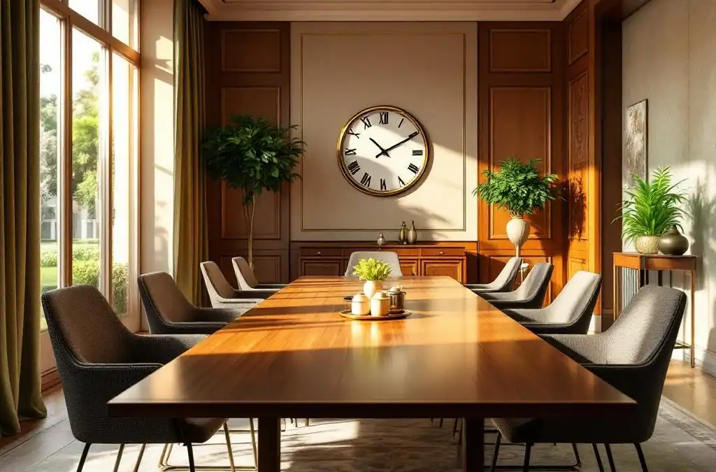 Elegante vergaderzaal bij Villa Flora met houten tafel, moderne stoelen en natuurlijk licht door grote ramen