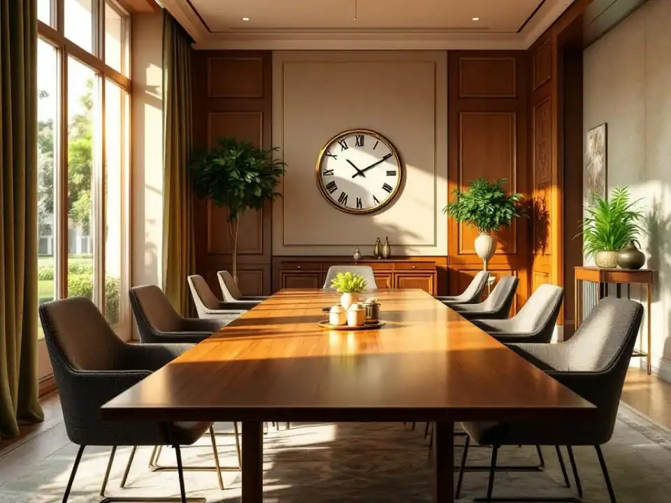 Elegante vergaderzaal bij Villa Flora met houten tafel, moderne stoelen en natuurlijk licht door grote ramen