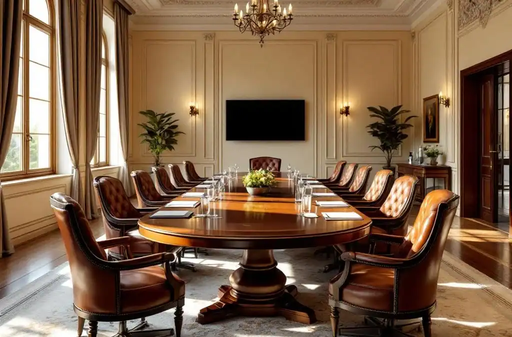 Elegante vergaderruimte Villa Flora met houten conferentietafel, luxe stoelen en natuurlijk licht door hoge ramen