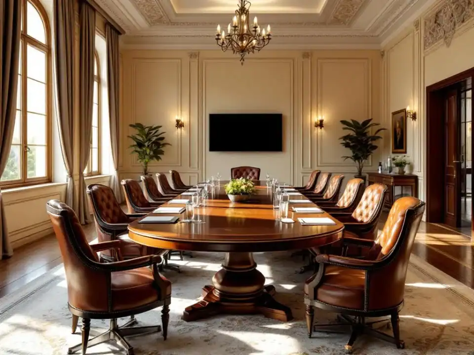 Elegante vergaderruimte Villa Flora met houten conferentietafel, luxe stoelen en natuurlijk licht door hoge ramen