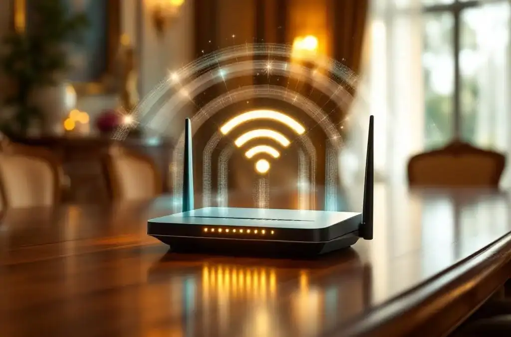 Moderne router met LED-indicatoren op houten vergadertafel in elegante conferentieruimte Villa Flora met warme verlichting
