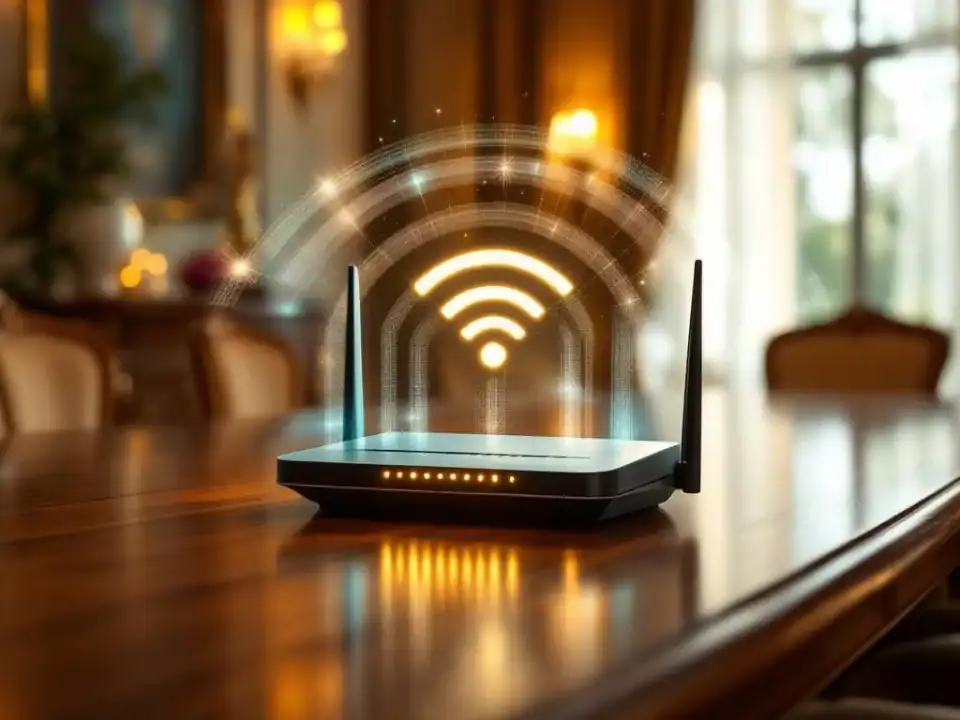 Moderne router met LED-indicatoren op houten vergadertafel in elegante conferentieruimte Villa Flora met warme verlichting