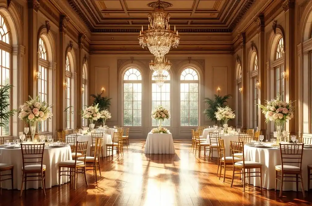 Elegante evenementenhal Villa Flora met ronde tafels, gouden stoelen, kristallen kroonluchters en warme verlichting