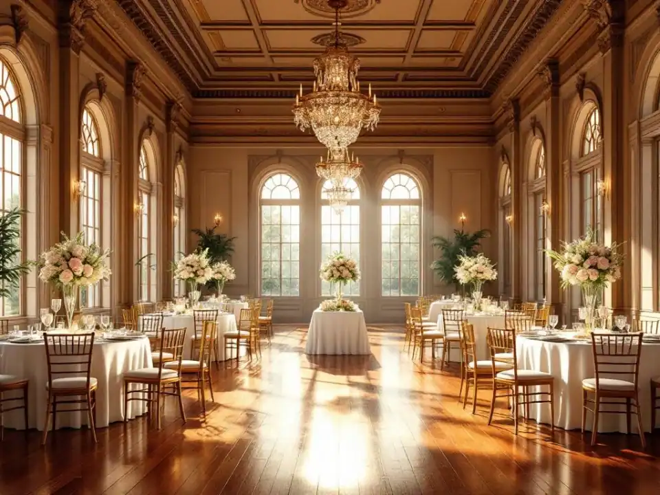 Elegante evenementenhal Villa Flora met ronde tafels, gouden stoelen, kristallen kroonluchters en warme verlichting
