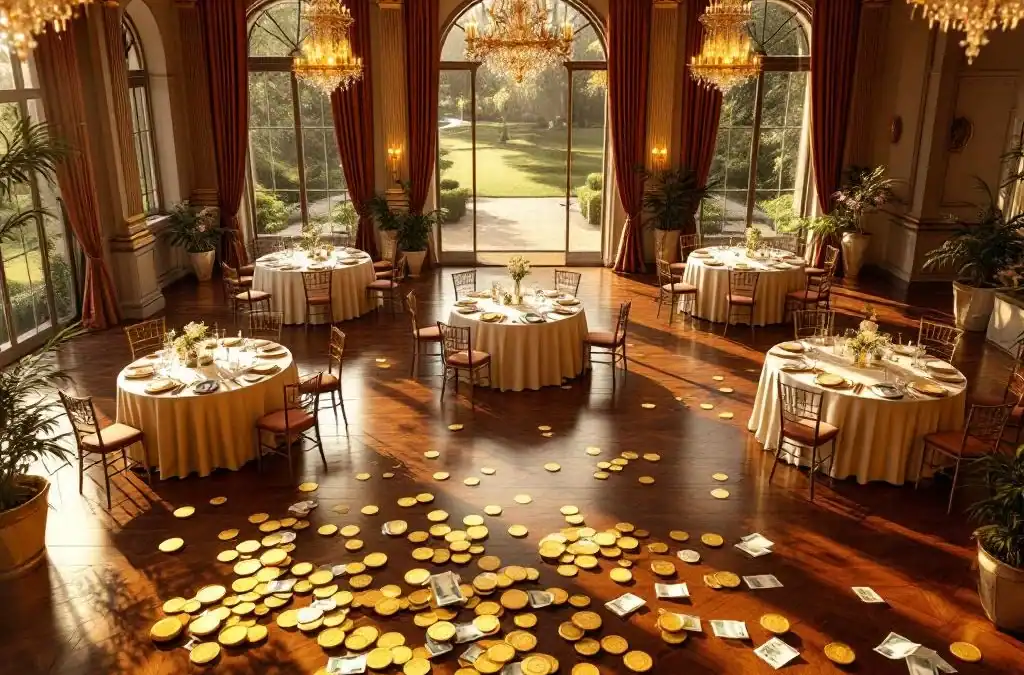 Elegante evenementenhal Villa Flora met ronde tafels, gouden verlichting en euro munten op voorgrond voor prijsconcept