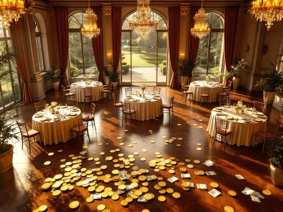 Elegante evenementenhal Villa Flora met ronde tafels, gouden verlichting en euro munten op voorgrond voor prijsconcept