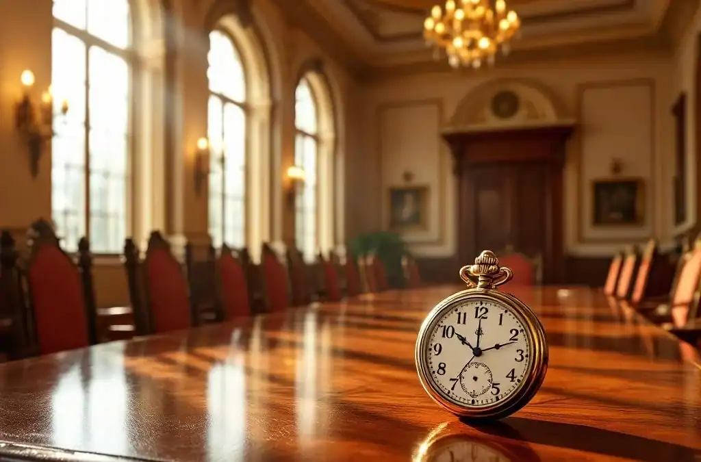 Elegante historische vergaderzaal van Villa Flora met gouden licht, antieke zakhorloge op mahoniehout tafel