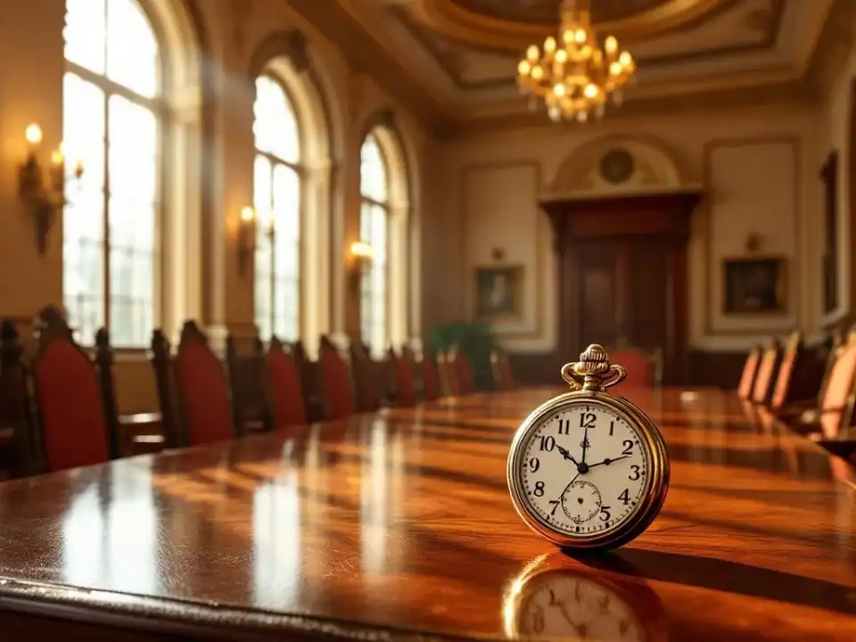 Elegante historische vergaderzaal van Villa Flora met gouden licht, antieke zakhorloge op mahoniehout tafel