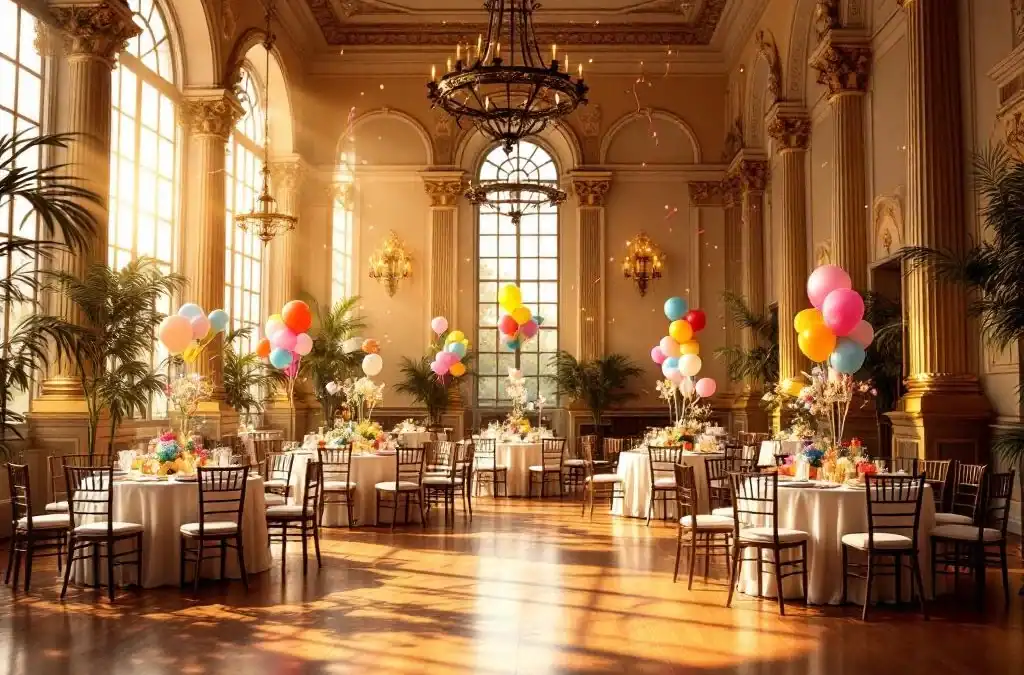 Elegante feestzaal Villa Flora met verjaardagsversiering, gouden verlichting en gedekte tafels voor evenement