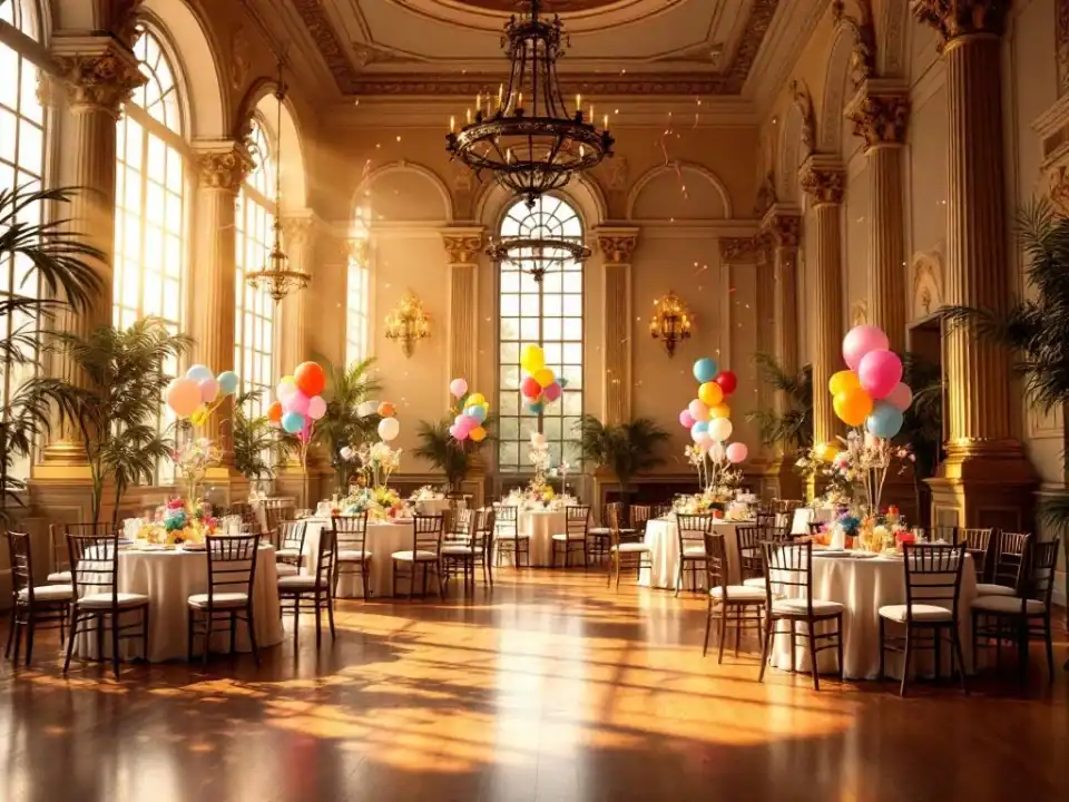 Elegante feestzaal Villa Flora met verjaardagsversiering, gouden verlichting en gedekte tafels voor evenement