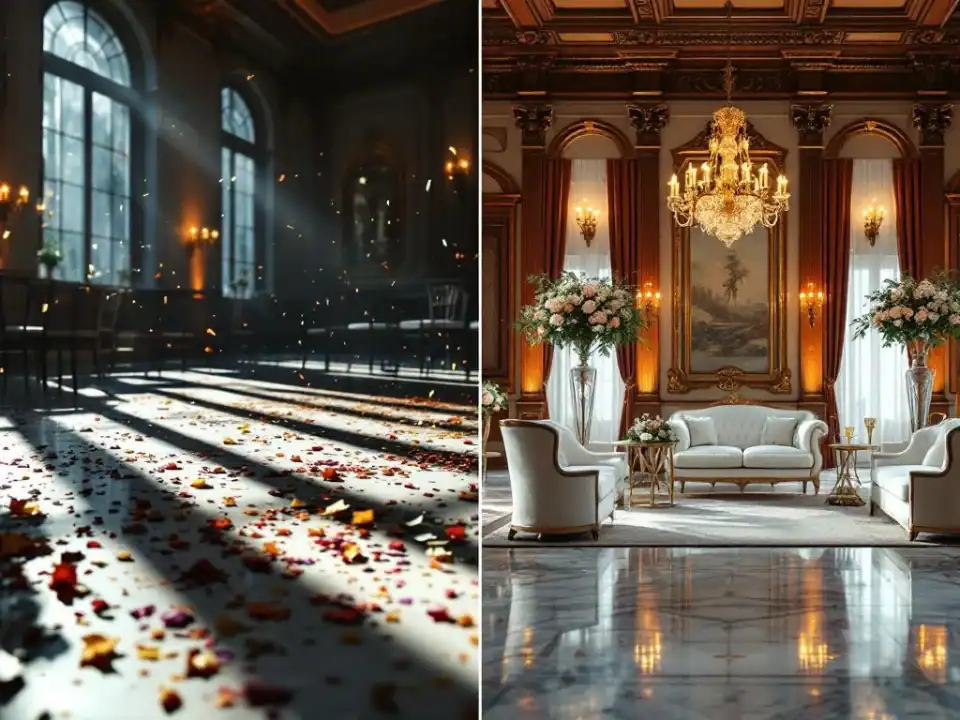 Voor en na vergelijking van Villa Flora evenementenruimte: rommelige zaal na feest versus professioneel schoongemaakt
