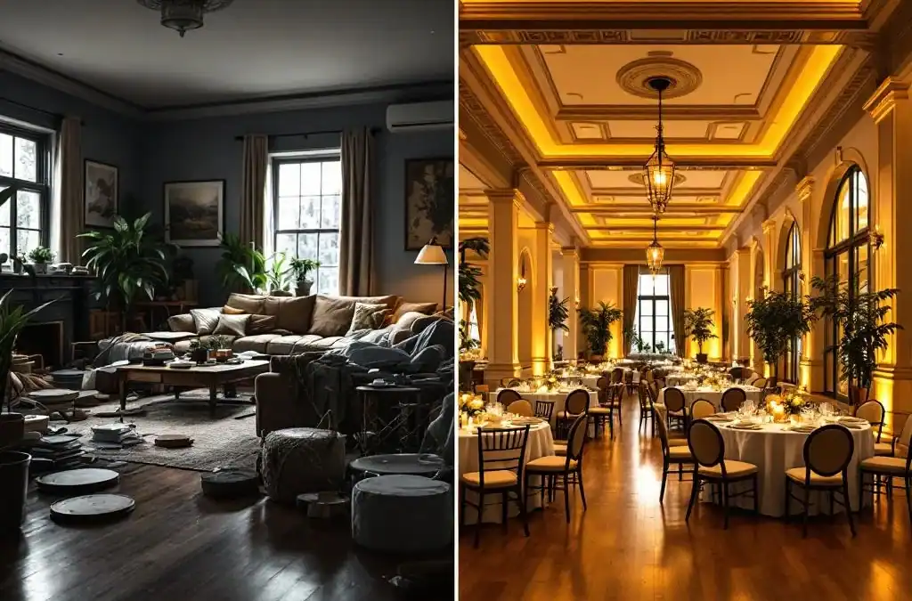 Vergelijking tussen krappe huiskamer en elegante evenementenzaal Villa Flora met ronde tafels en warme verlichting
