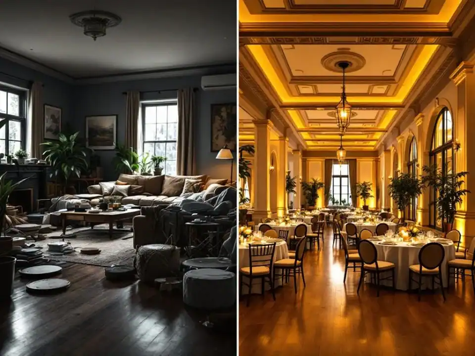 Vergelijking tussen krappe huiskamer en elegante evenementenzaal Villa Flora met ronde tafels en warme verlichting