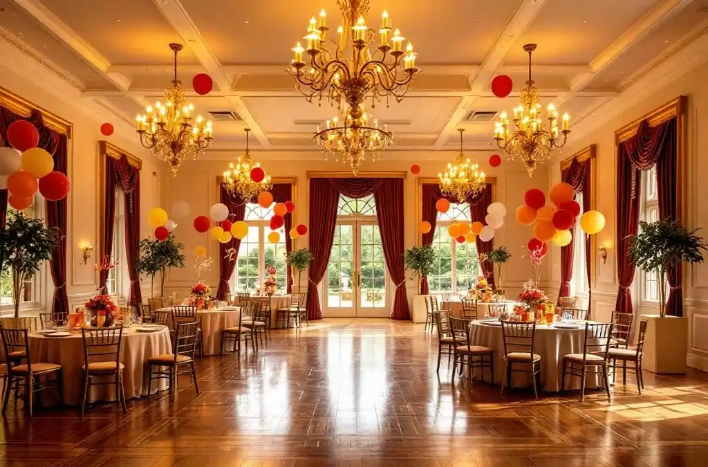 Luxe evenementenhal met gouden kroonluchters, kinderfeest decoraties en ronde tafels bij grote ramen met tuinzicht