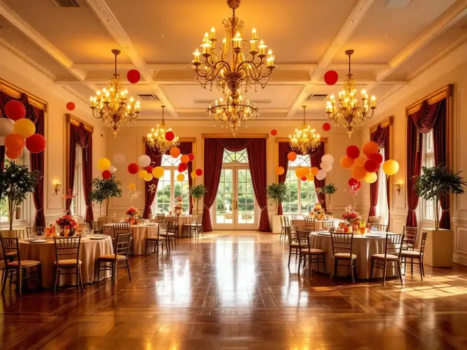 Luxe evenementenhal met gouden kroonluchters, kinderfeest decoraties en ronde tafels bij grote ramen met tuinzicht