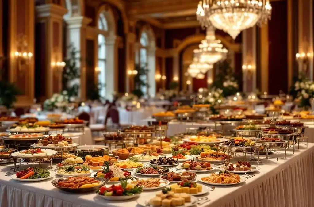 Luxe bankethal met gourmet buffet op zilveren stations, kristallen kroonluchters en elegante cateringarrangementen