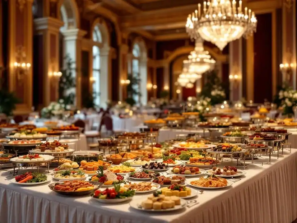 Luxe bankethal met gourmet buffet op zilveren stations, kristallen kroonluchters en elegante cateringarrangementen