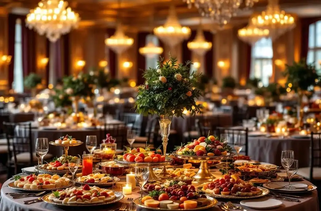 Luxe evenementenzaal met elegante ronde tafels, kristallen glazen en gourmet catering op zilveren schalen
