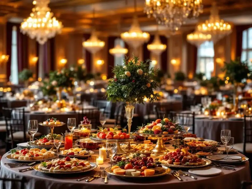Luxe evenementenzaal met elegante ronde tafels, kristallen glazen en gourmet catering op zilveren schalen