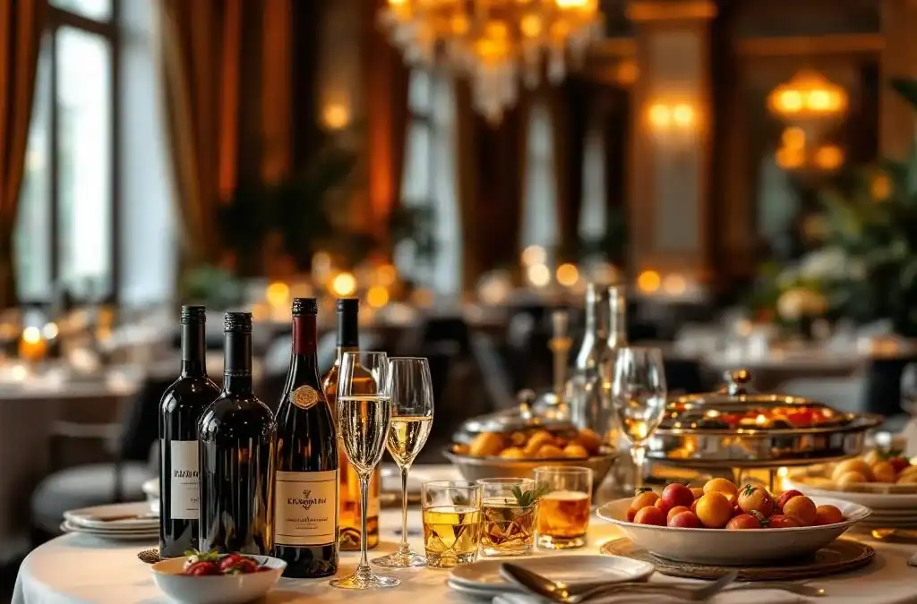Elegante evenementenhal met gedekte tafel vol wijn, champagne en cocktails in luxe horecaomgeving met warme verlichting