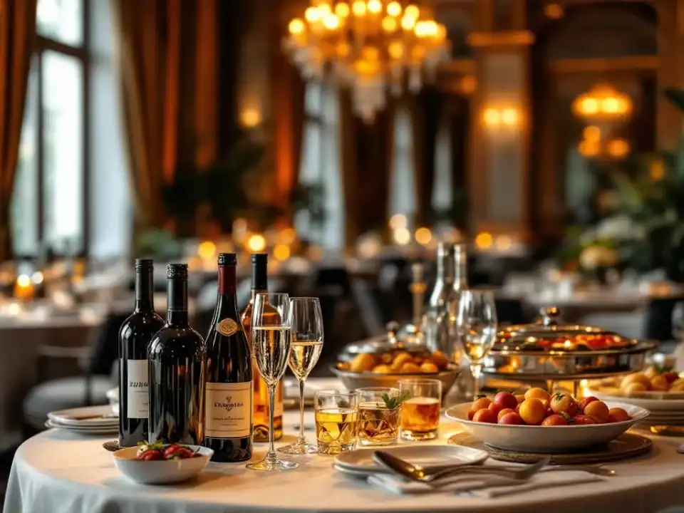 Elegante evenementenhal met gedekte tafel vol wijn, champagne en cocktails in luxe horecaomgeving met warme verlichting