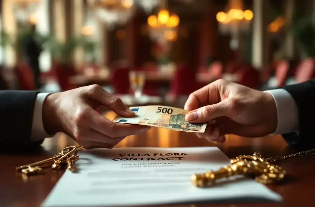 Handen plaatsen eurobiljetten op houten tafel naast gouden sleutels en luxe evenementenlocatie contract