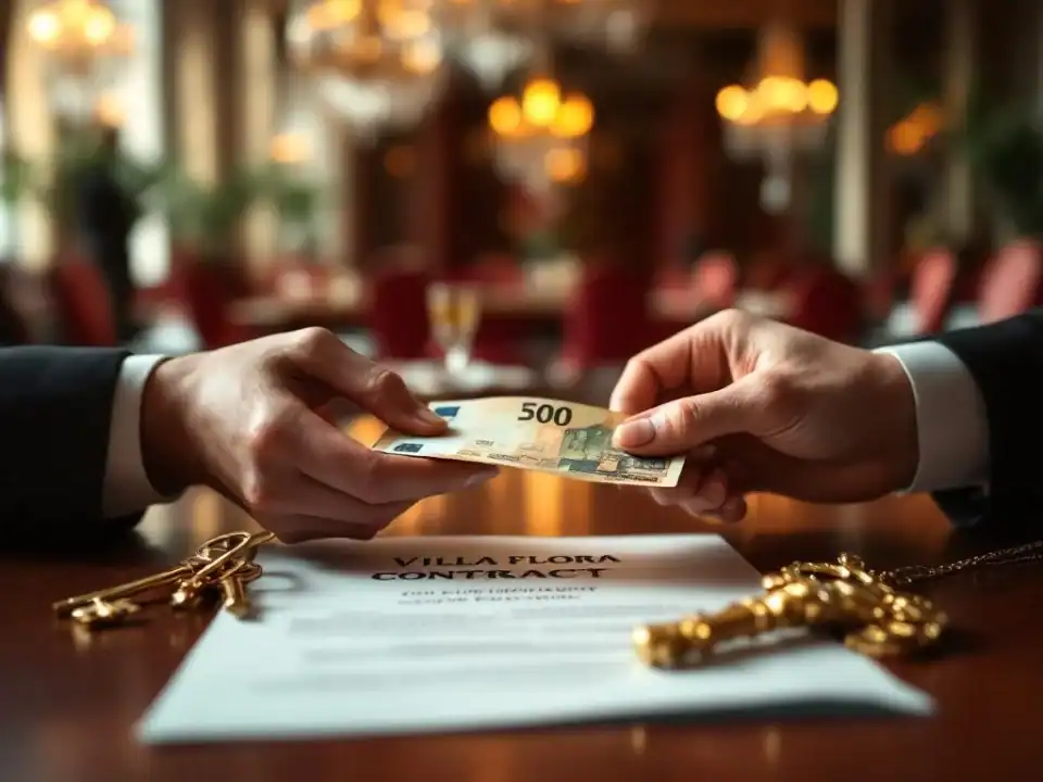 Handen plaatsen eurobiljetten op houten tafel naast gouden sleutels en luxe evenementenlocatie contract