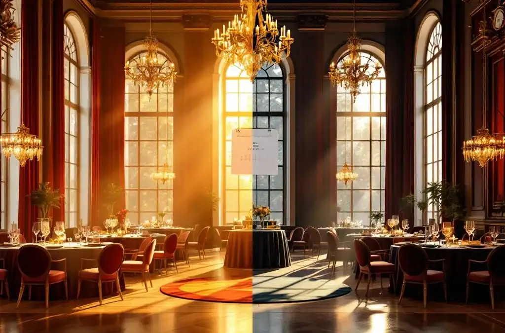 Luxe evenementenhal Villa Flora met warme middagverlichting links en dramatische avondverlichting rechts, kalenderbladen drijvend
