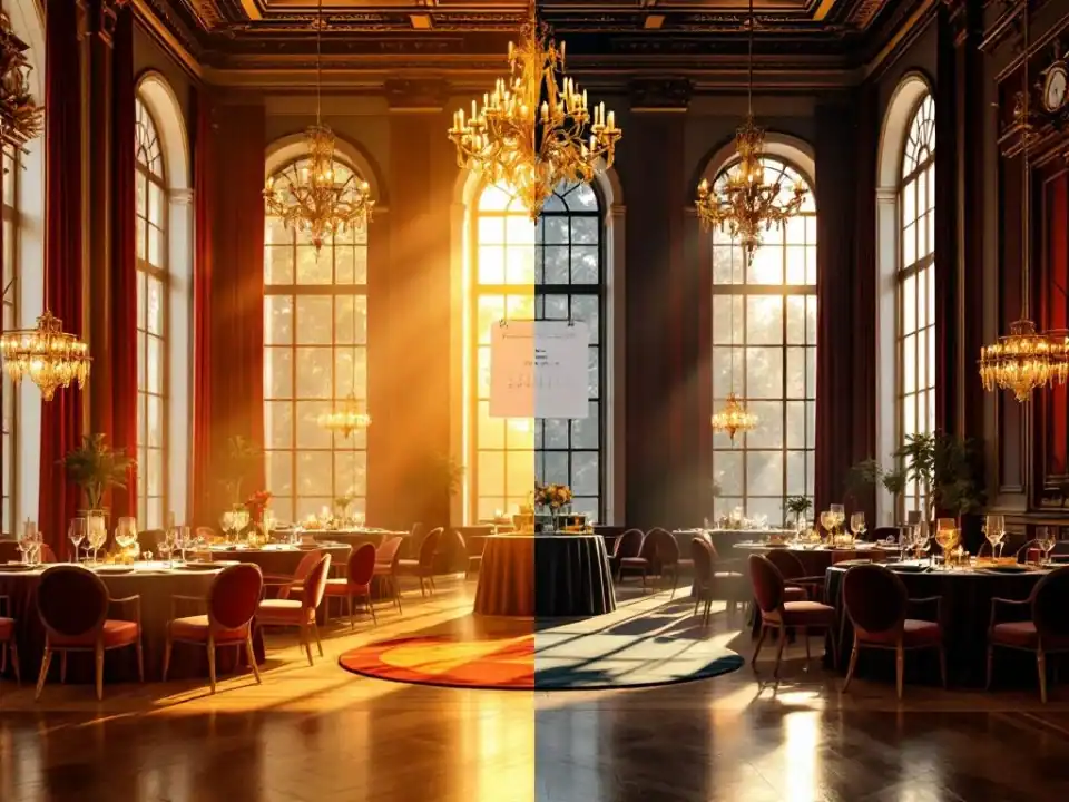 Luxe evenementenhal Villa Flora met warme middagverlichting links en dramatische avondverlichting rechts, kalenderbladen drijvend