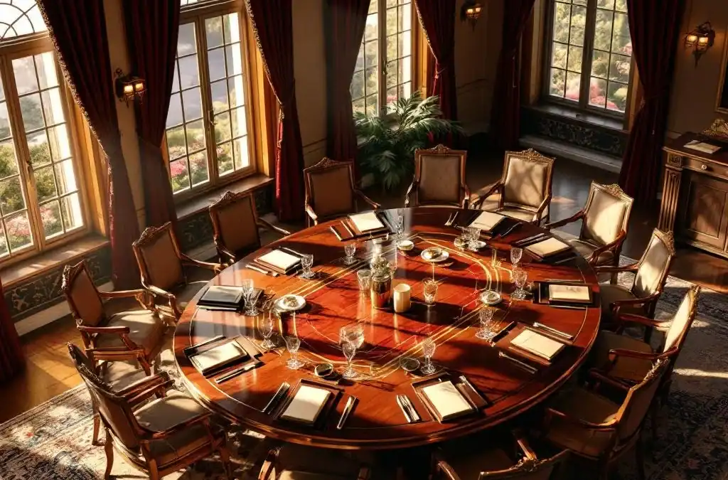 Elegante vergaderzaal in historische villa met houten conferentietafel, stoelen en natuurlijk licht door ramen