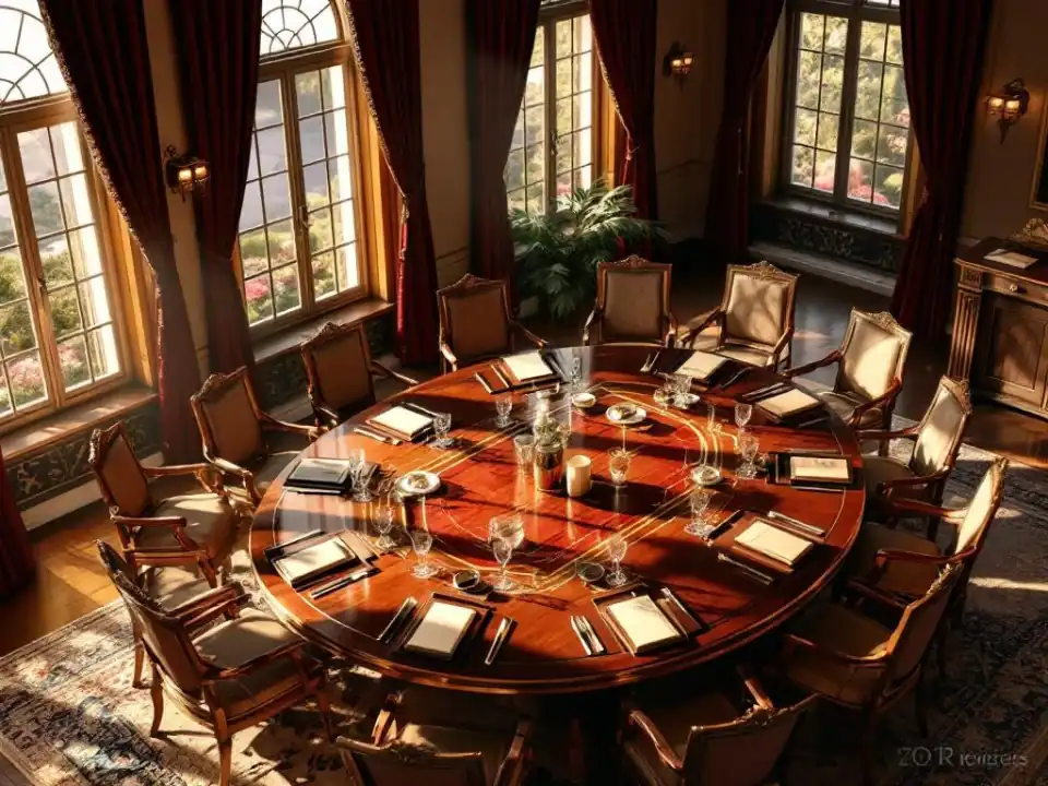 Elegante vergaderzaal in historische villa met houten conferentietafel, stoelen en natuurlijk licht door ramen