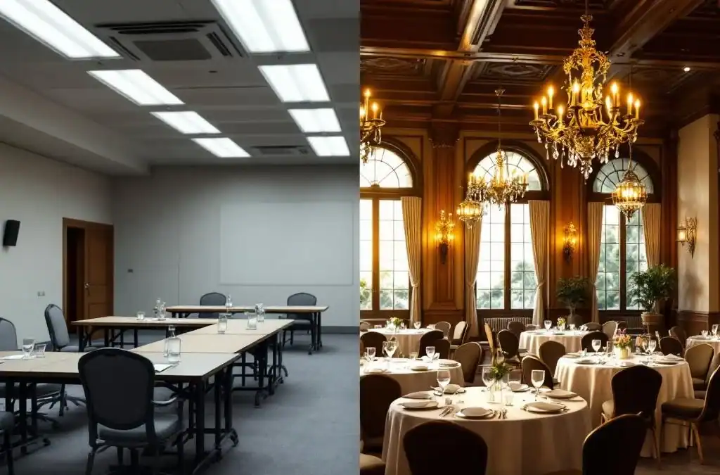 Villa Flora's elegante historische evenementenruimte met kroonluchters versus eenvoudige vergaderzaal split-screen vergelijking