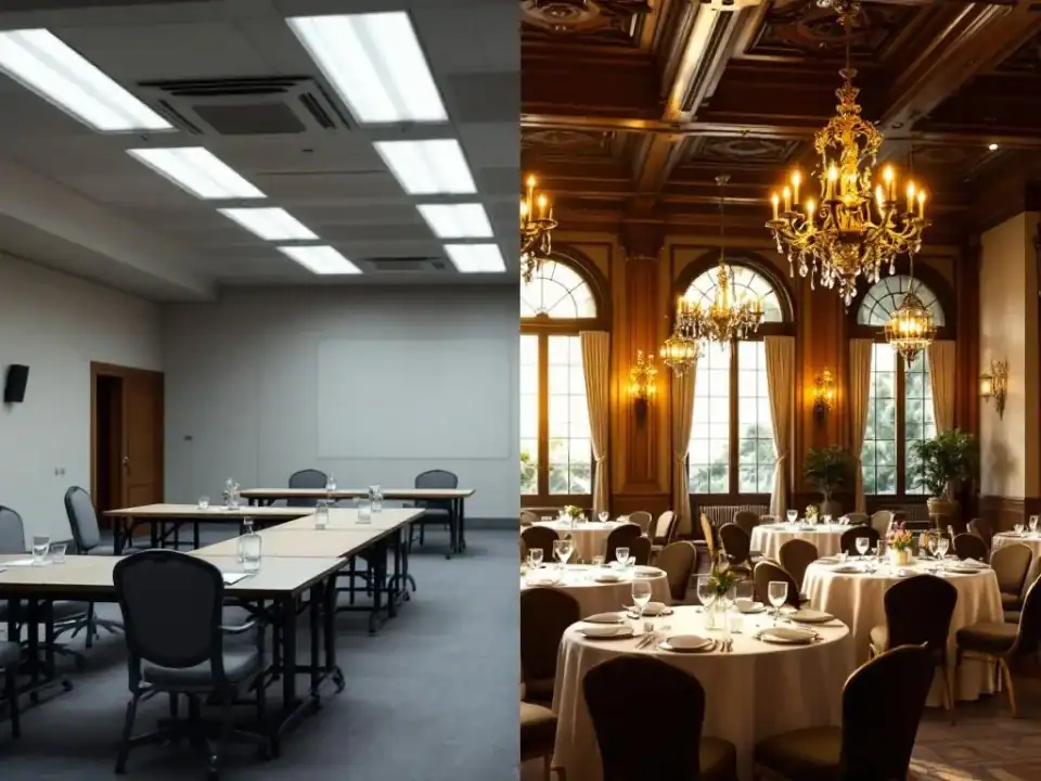 Villa Flora's elegante historische evenementenruimte met kroonluchters versus eenvoudige vergaderzaal split-screen vergelijking
