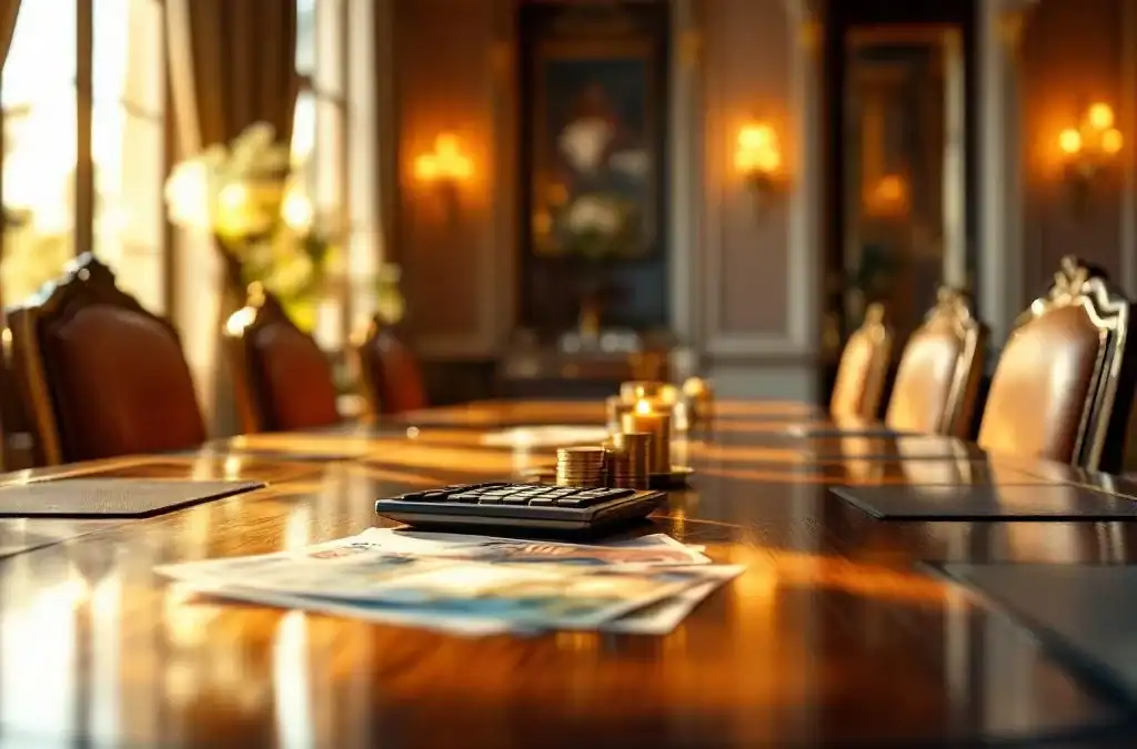Elegante vergaderruimte Villa Flora met houten tafel, luxe stoelen en natuurlijk licht door hoge ramen