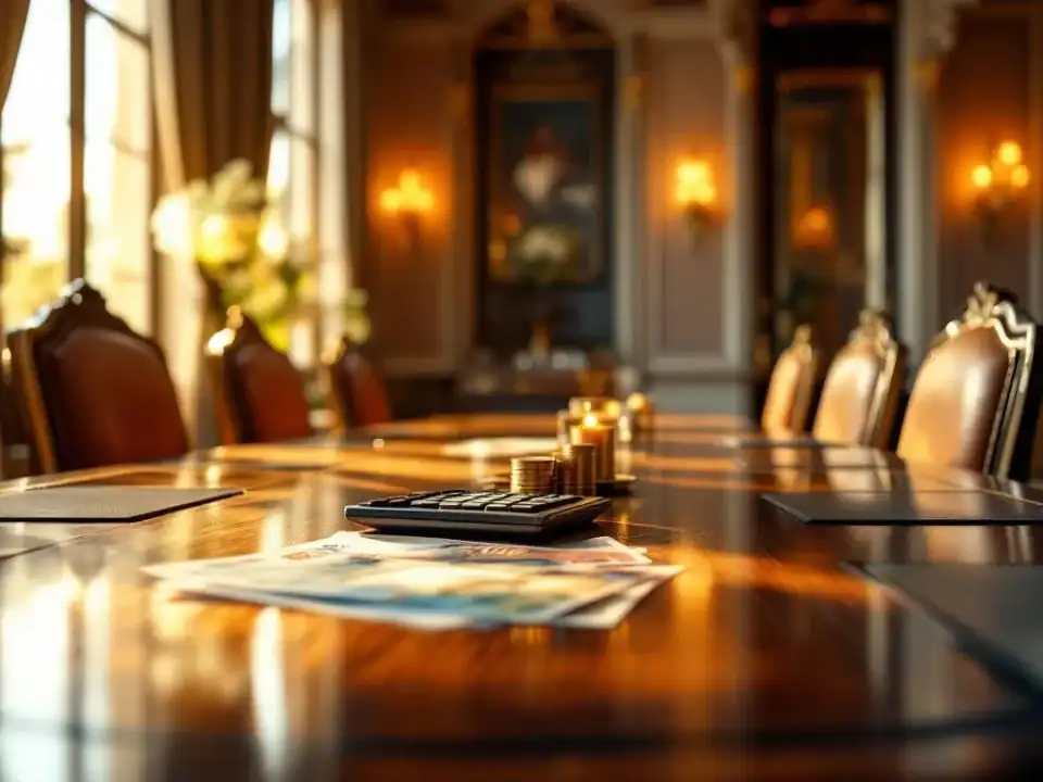 Elegante vergaderruimte Villa Flora met houten tafel, luxe stoelen en natuurlijk licht door hoge ramen