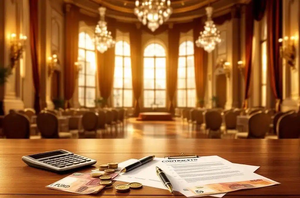 Euro bankbiljetten en munten op tafel met calculator en contracten in elegante evenementenhal met gouden verlichting
